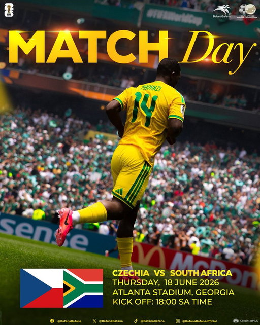 🚨 It's MATCH DAY!!! 🚨
⚽ Czechia vs Bafana Bafana
📅 Thursday, 18 June 2026
​🏟️ Atlanta Stadium
🕕 Kick-off: 18:00
🖥 SABC1 &amp; SABC Sport

Photo Credit: @MLS
#Fifaworldcup
#BafanaPride 
#BafanaBafana 