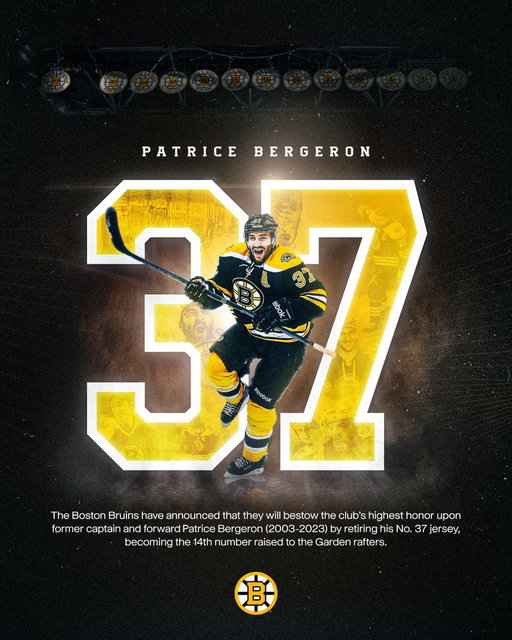 To the rafters.

The #NHLBruins are proud to announce that during the upcoming 2026-27 season, the club will bestow its highest honor upon Patrice Bergeron by retiring his No. 37. 