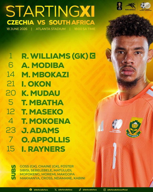 🇿🇦 Bafana Bafana's starting line up against Czechia 🇨🇿 

⚽ Czechia vs Bafana Bafana
📅 Thursday, 18 June 2026
​🏟️ Atlanta Stadium
🕕 Kick-off: 18:00
🖥 SABC1, SABC 3 &amp; SABC Sport

#Fifaworldcup
#BafanaPride 
#BafanaBafana 