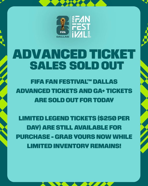 FIFA Fan Festival™ Dallas advanced tickets and GA+ tickets are sold out for today.

Limited Legend tickets ($250 per day) are still available for purchase - grab yours now while limited inventory remains! Link in bio 🔗🎡 