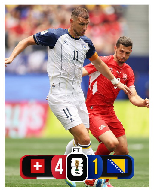 🇨🇭🆚🇧🇦 Golovima Johana Manzambija u 74' i 90', Rubena Vargasa u 84' i Granita Xhake u 90'+7', Švajcarska je u Los Angelesu savladala Bosnu i Hercegovinu sa 4:1.

Jedini gol za Zmajeve postigao je Ermin Mahmić u 90'+3' minutu.

🐉Glavu gore Zmajevi, idemo dalje!

#dreambigdreambih 