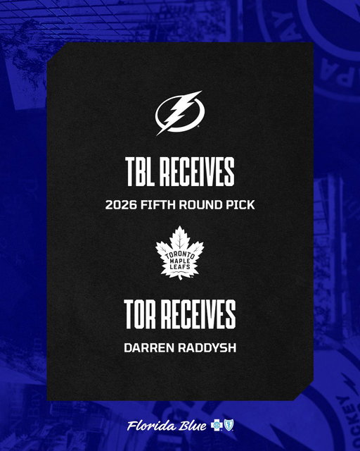 We have acquired a fifth-round pick in the 2026 NHL Draft from the Toronto Maple Leafs in exchange for defenseman Darren Raddysh.

🗞️ https://t.co/WWfsOKGNWw 