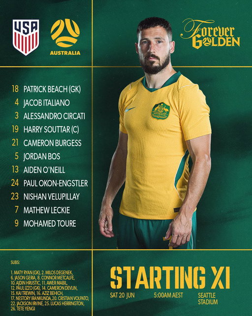 📋 Our official Starting XI to take on the USA is locked in 💪

⦿ Two changes to the side that beat Türkiye ✅
⦿ Leckie and Velupillay come in for Irankunda and Metcalfe 🔁

🇺🇸 v 🇦🇺 - 19.6.26 - 12:00pm local
🇺🇸 v 🇦🇺 - 20.6.26 - 5:00am AEST

📱💻📺 Live on SBS & SBS On Demand

#Socceroos #FIFAWorldCup