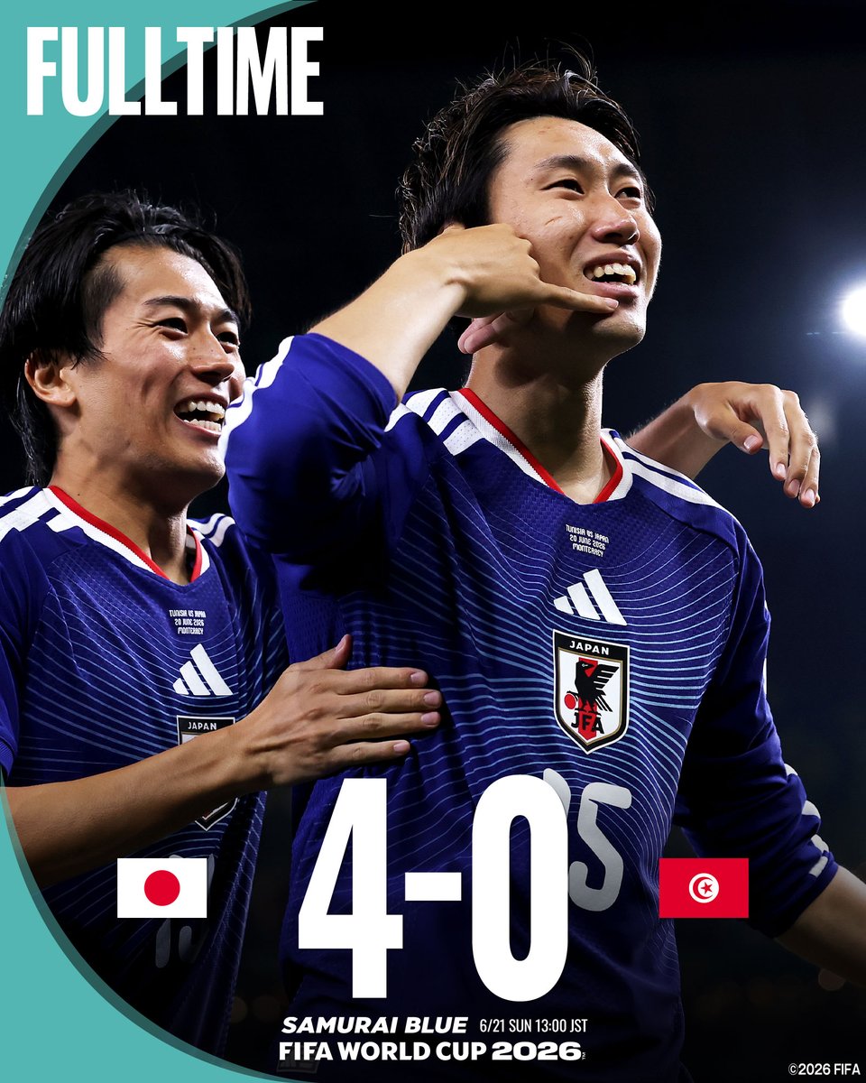 🔹試合終了🔹️

🏆FIFAワールドカップ2026™
⚔グループステージ第2節
🇯🇵SAMURAI BLUE 4-0 チュニジア代表🇹🇳

📺日本テレビ
📺NHK BS
📱DAZN

@FIFAWorldCup
#最高の景色を #SAMURAIBLUE 