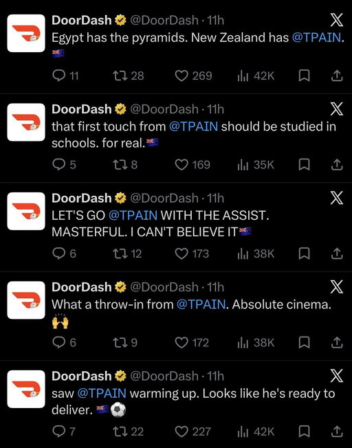 I just find this social strategy sort of pathetic. 

@DoorDash is intentionally tagging @TPAIN in their tweets about the World Cup in an effort to ~get attention~, and they did it to the point where T-Pain had to publicly ask the brand to stop.

The attempted gag: New Zealand has a player named Tim Payne, so DoorDash “accidentally” tagged T-Pain instead. And T-Pain’s energy went from LOL to “stop tagging me” within a few tweets.

There’s a number of reasons this is a baddd idea.

1. It wouldn’t be hard to argue DoorDash is using T-Pain’s name, image, and likeness without his consent. It’s obviously a stunt to promote DoorDash.

2. It’s giving “celebrities aren’t people” energy. It’s fundamentally weird for a brand to bug another human being just for attention, celeb or not. 

2. If T-Pain is in on the bit, this would most definitely be unmarked influencer content, which would be a huge FTC fine.

3. Yeah, it’s gonna go viral, but does the virality have literally anything to do with why we’d use DoorDash? No. But do the risks outweigh the rewards? Also no.

It genuinely is not that hard to be good at social media while staying ethical, not actively bothering celebrities, and making content about what your company actually does.