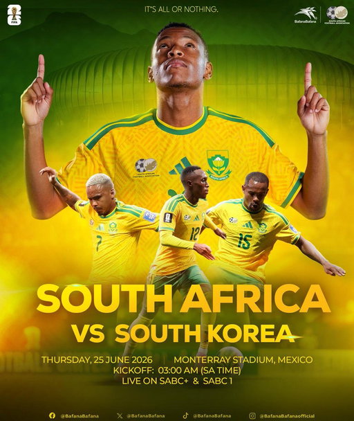 ⚽️ Bafana Bafana vs South Korea
📅 Thursday, 25 June 2026
​🏟️ Monterrey Stadium, Mexico
🕕 Kick-off: 03:00am SA Time 
🖥 SABC 1/3 &amp; SABC+

#Fifaworldcup
#BafanaPride 
#BafanaBafana 