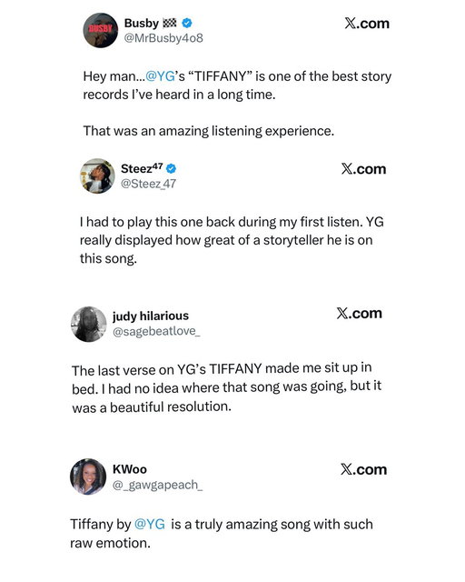 YG confronts transphobia, gender identity, masculinity and mental health on "Tiffany," a storytelling track from his new album "The Gentlemen's Club," sparking reactions from fans.

On the track, YG tells the story of a man who learns his date is a trans woman. 