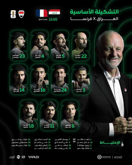 𝐓𝐞𝐚𝐦 𝐍𝐞𝐰𝐬 🇮🇶🇫🇷

تشكيلة أسود الرافدين لمواجهة فرنسا الليلة في كأس العالم 👊

Here is how our Lions line up for tonight’s World Cup clash against France 👊

#FRAvIRQ #FIFAWorldCup 