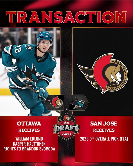 Oh Ek YEAH!

The #Sens have acquired forward William Eklund, Kasper Halttunen, and the rights to  Brandon Svoboda in exchange for the 9th overall pick in the 2026 NHL Draft. 