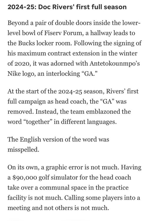 Doc Rivers had accumulating flaws that amounted to disorganization and clear dysfunction: 

-Had $90K golf simulator installed in the practice facility
-Poor delivery of “I’ve done this before” message to players
-Told players they were playing wrong 