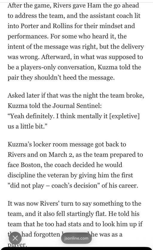 Kyle Kuzma told Kevin Porter Jr. and Ryan Rollins in a players-only conversation last season not to heed a message from Bucks’ assistant coach Darvin Ham.

Someone ran back to Doc with this, who then DNP-CD’d Kuzma the next game. 