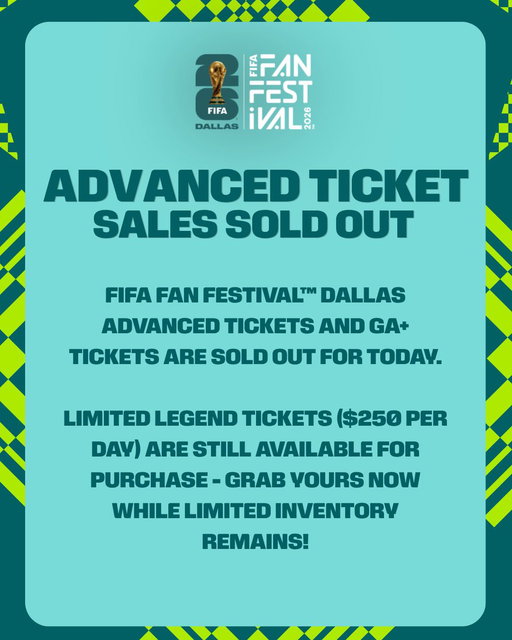 FIFA Fan Festival™ Dallas advance tickets and GA+ tickets are sold out for today.

A limited number of Legend tickets ($250/day) are still available for purchase. Get yours now before they sell out!

Please check our social channels for the latest updates. 