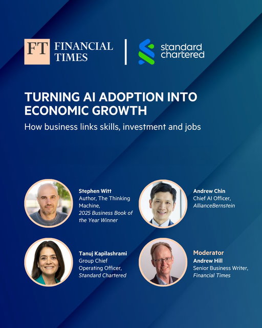 How can organisations maximise AI to unlock real economic growth?

Our Group Chief Operating Officer, Tanuj Kapilashrami, will be exploring this and more in the first webinar of a two-part @FT Business Book of the Year Awards series, in partnership with @StanChart.

1 July | 14:30 BST
Register for the webcast here: https://t.co/qkf6g5pm3D
