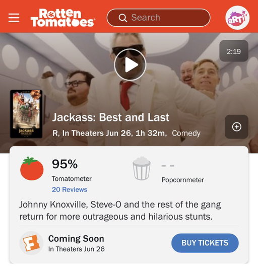 the first reviews are in! jackass: best and last is 95% on the tomatometer! #jackassbestandlast 
