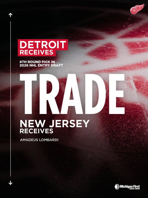 UPDATE: The #RedWings have acquired a 4th round pick in the 2026 NHL Draft from the New Jersey Devils in exchange for Amadeus Lombardi. 