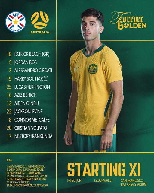 Six changes to the Starting XI to face Paraguay 📋

Cristian Volpato makes first #Socceroos start 💪
Lucas Herrington makes #FIFAWorldCup debut 🫶

🇵🇾 v 🇦🇺 - 25.6.26 - 7:00pm local
🇵🇾 v 🇦🇺 - 26.6.26 - 12:00pm AEST

📱💻📺 Live on SBS &amp; SBS On Demand 