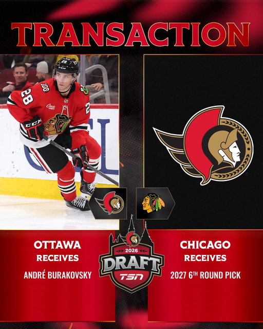 TRADE ALERT: The #Sens have acquired forward André Burakovsky from the Chicago Blackhawks in exchange for a 6th round pick in the 2027 NHL Draft. 