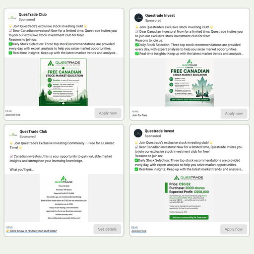 Heads up: there are fake Questrade accounts out there running ads that promise "exclusive" deals or opportunities if you sign up. They want to steal your personal information. 