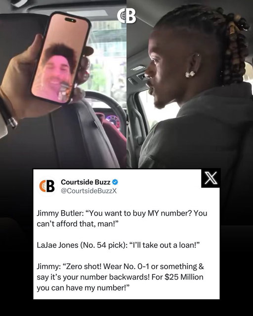 Jimmy Butler: “You want to buy MY number? You can’t afford that, man!” 

LaJae Jones (No. 54 pick): “I’ll take out a loan!” 

Jimmy: “Zero shot! Wear No. 0-1 or something & say it’s your number backwards! For $25 Million you can have my number!”

The rook wants Jimmy’s No. 10! 😂🗣️