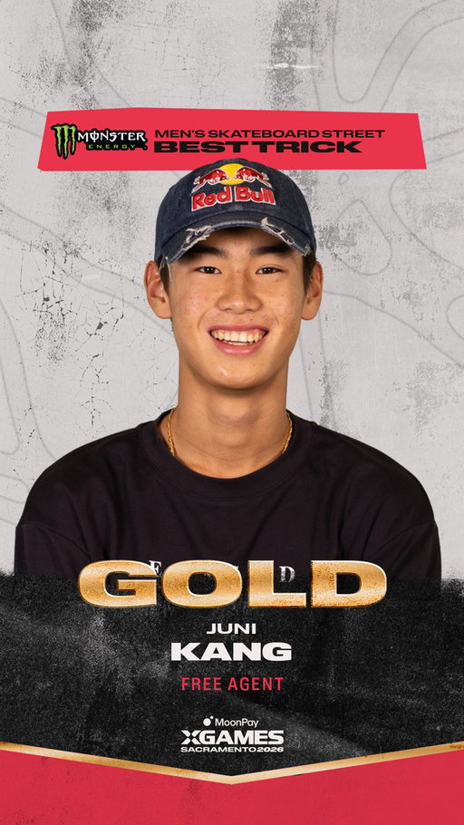 Juni Kung wins his first X Games gold with a nollie backside 270 heelflip to boardslide 270 out of the 12-stair handrail in @monsterenergy Men’s Skateboard Street Best Trick at @moonpay X Games Sacramento! 🥇 