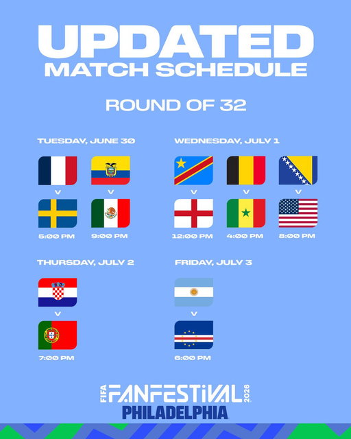 #FIFAFanFestival has an updated match schedule Tuesday through Friday due to expected high heat. 