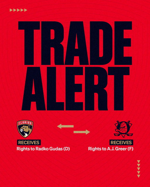 We have acquired the rights to Radko Gudas from Anaheim in exchange for the rights to A.J. Greer. 

Details » http://flapanthers.co/Trade_6-29-26 