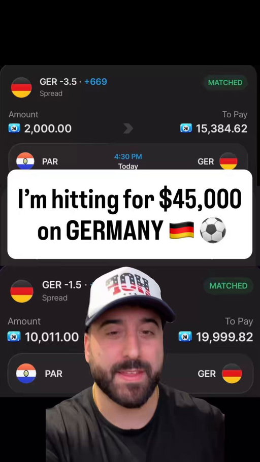 🇩🇪 Germany vs Paraguay. 🇵🇾 

GERMANY -1.5 (+100) $10,000

GERMANY -2.5 (+270) $3,000

GERMANY -3.5 (+669) $2,000

Full tilt. 