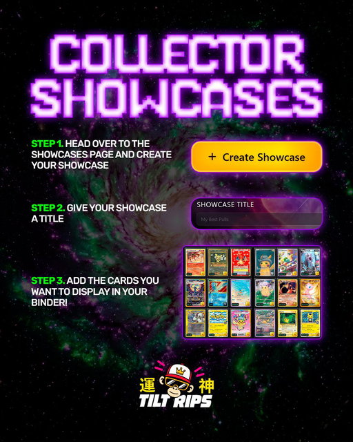 Did you know Tilt Rips has a feature called 'Showcases' where you can publicly display your curated binder?

If you want to flex your collection to the world, head over to the Showcases page and follow the 3 easy steps below 👇

Once you're done, drop the link to your showcase in the comments so we can check out your collection! 👀