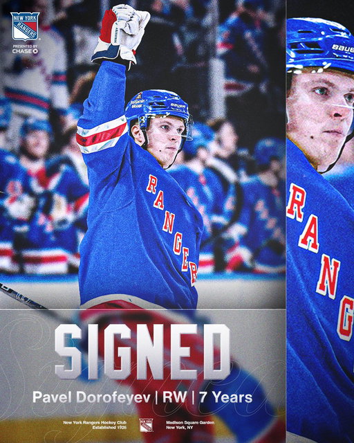 LOCKED IN 🔒

We've agreed to terms with forward Pavel Dorofeyev on a seven-year contract → http://nyrange.rs/Dorofeyev26 