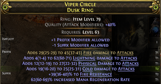 So this is where I settled today crafting a Dusk Ring live - several people crafted along side me and it was great to see them making upgraded rings for their characters too! 

We have total control over the modifiers on the ring at this point, we can force Tier 1 Cold dmg (and I will make it that way) and the Suffixes I think we'd like All res + Rarity. 

It's spendy, but added lots of dmg to the character. Once we get the rolls we want, we spend heaps of divines until all rolls are perfect. 

Cheers!