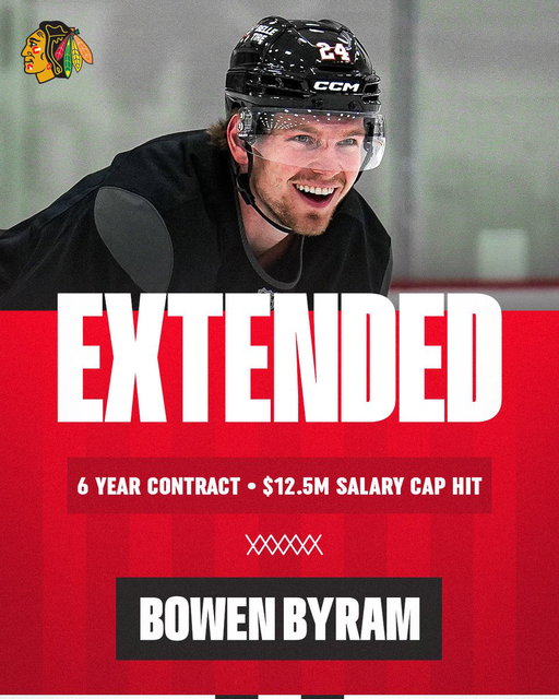 🚨 E X T E N D E D 🚨

📰 ➡︎ https://www.nhl.com/blackhawks/news/release-blackhawks-sign-bowen-byram-to-six-year-contract-extension 