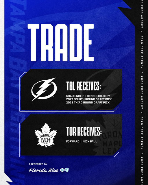 We have acquired goaltender Dennis Hildeby, along with a fourth-round pick in 2027 and a third-round pick in 2028 from the Toronto Maple Leafs in exchange for forward Nick Paul.

📝 https://tbl.co/7-1hildeby 
