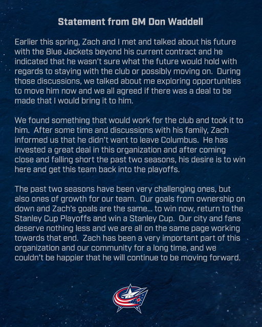 Columbus Blue Jackets President of Hockey Operations and General Manager Don Waddell and All-Star defenseman Zach Werenski have issued the following statements today. 