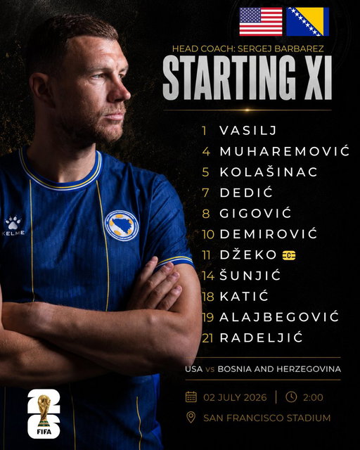 🇺🇸🆚🇧🇦 Sa nestrpljenjem očekujemo početak utakmice protiv SAD-a.

🐉 Selektor Sergej Barbarez je odabrao 11 Zmajeva za susret šesnaestine finala Svjetskog prvenstva.

💙💛Sretno!

#NFSBiH #zmajevi #FIFAWorldCup2026 #dreambigdreambih 