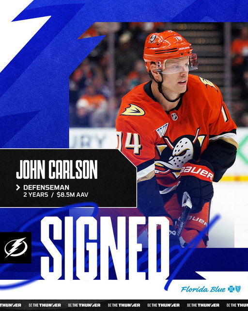 Wake up, we have some news 👀

We've signed defenseman John Carlson to a two-year contract worth an AAV of $8.5 million.

📝 https://tbl.co/7-1carlson 