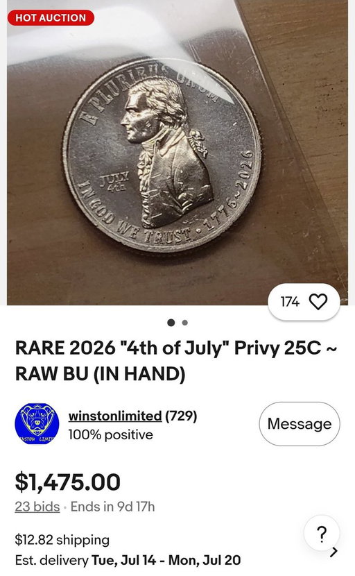 Coin collecting is one of the only hobbies where checking your pocket change can still make you money.

This is an eBay listing of one of the newly circulated July 4th quarters with 9 days left in the auction 😳 