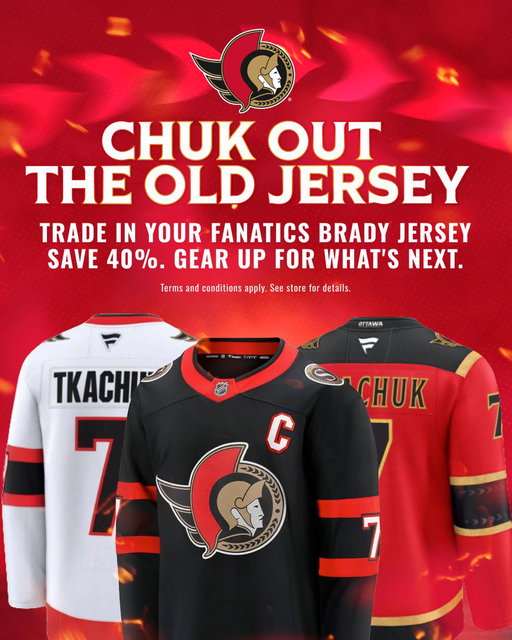 Out with the old and in with the new 🔄

From July 3-7 at Ottawa Team Threads at @CdnTireCtr you can trade in your officially licensed Fanatics Brady Tkachuk stitched jersey and you can save 40% on regularly priced merch! 