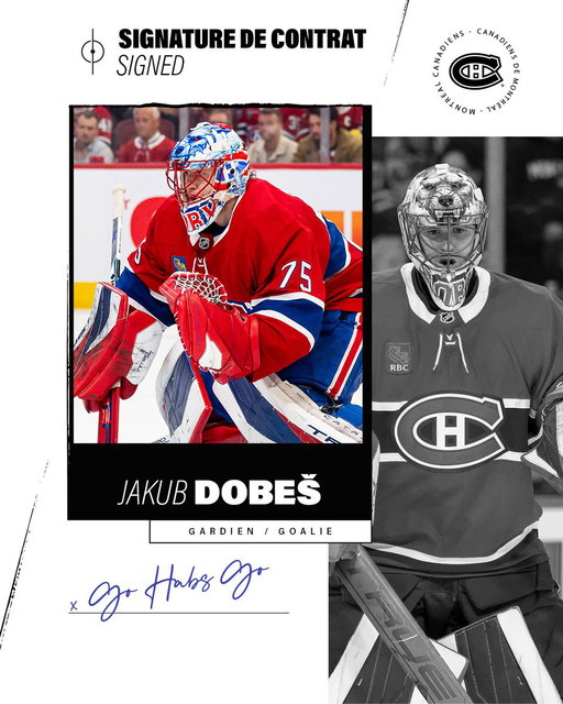 Les Canadiens s'entendent sur les termes d’une prolongation de contrat de trois saisons (2027-2028 à 2029-2030) avec le gardien Jakub Dobes.

The Canadiens have agreed to terms on a three-year contract extension (2027-28 to 2029-30) with goalie Jakub Dobes.

#GoHabsGo 