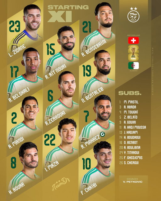 Starting XI | التشكيلة الأساسية

#LesVerts ⭐️⭐️ | #123VivaLAlgérie 🇩🇿 | #WorldCup2026 | #FIFAWORLDCUP 