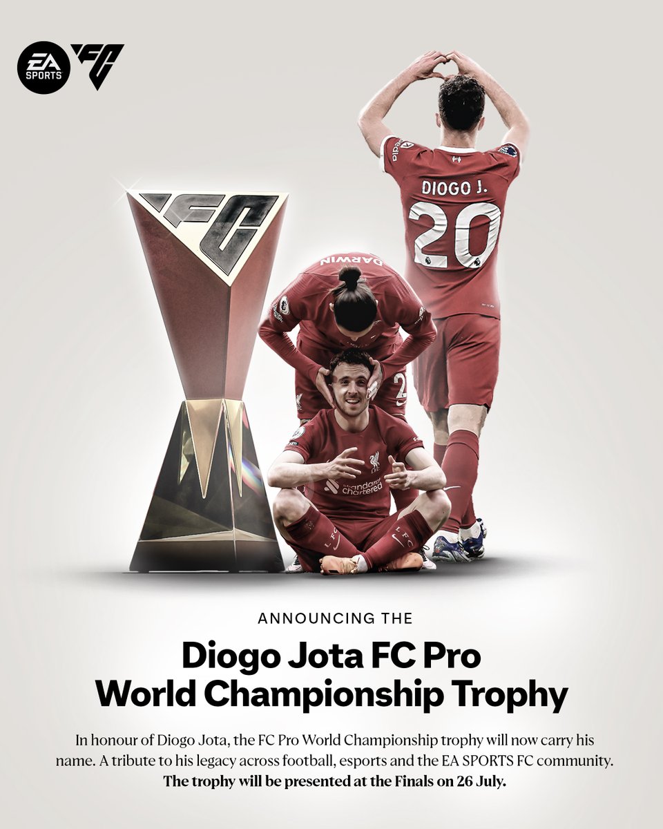 We honour the legacy of Diogo Jota with the announcement of the Diogo Jota FC Pro World Championship Trophy. 💚

With his family's blessing, the trophy has been renamed in recognition of Diogo's love for EA SPORTS FC and his passion for esports - both as a competitor and as the founder of his own esports team.

It will be lifted for the first time this summer at the FC Pro World Championship. We will continue working with Diogo's family to find meaningful ways to honour his legacy. Our thoughts remain with his family, friends, teammates, and everyone who knew and admired him.