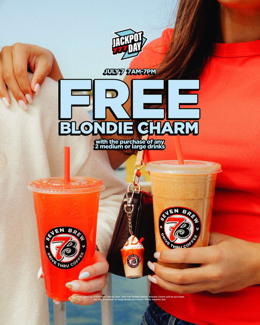 Your summer accessory is here ✨ This Tuesday (7/7) from 7AM to 7PM, get a FREE Blondie Charm when you purchase any 2 medium or large drinks 🥤 Clip the Blondie Charm onto your keys, backpack, purse or lanyard! 