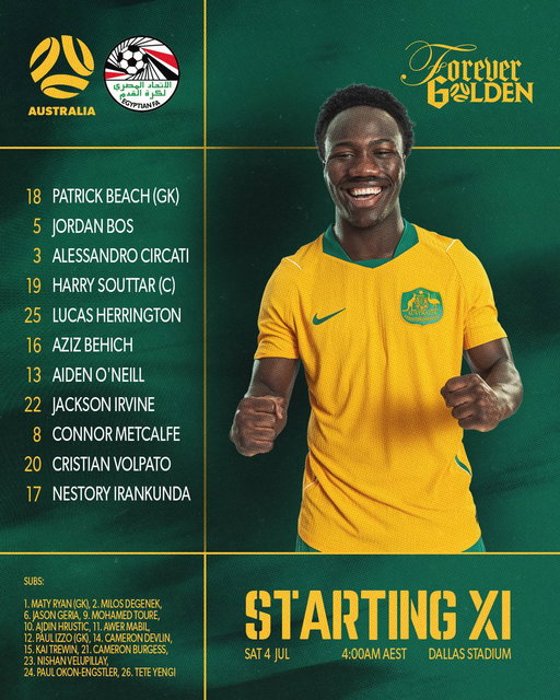 OFFICIAL: Our Starting XI is unchanged from our draw with Paraguay 📋💪

🇦🇺 v 🇪🇬 - 3.7.26 - 1:00pm local
🇦🇺 v 🇪🇬 - 4.7.26 - 4:00am AEST

📱💻📺 Live on SBS &amp; SBS On Demand

#Socceroos #FIFAWorldCup 