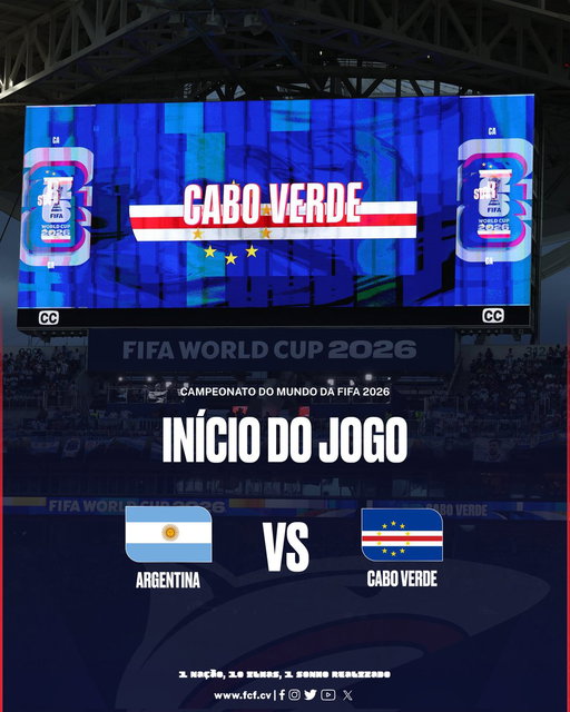 🏆 Mundial 2026
📝 16 avos de final 
🗓️ 03 de Julho
🏟️ Estádio de Miami

𝗜𝗡𝗜́𝗖𝗜𝗢 𝗗𝗢 𝗝𝗢𝗚𝗢
Argentina 🇦🇷 🆚🇨🇻 Cabo Verde  

http://www.fcf.cv/

----- 

#FIFAWorldCup | #FIFAWorldCup2026 | #CaboVerde | #TubarõesAzuis | #WeAreCaboVerde 