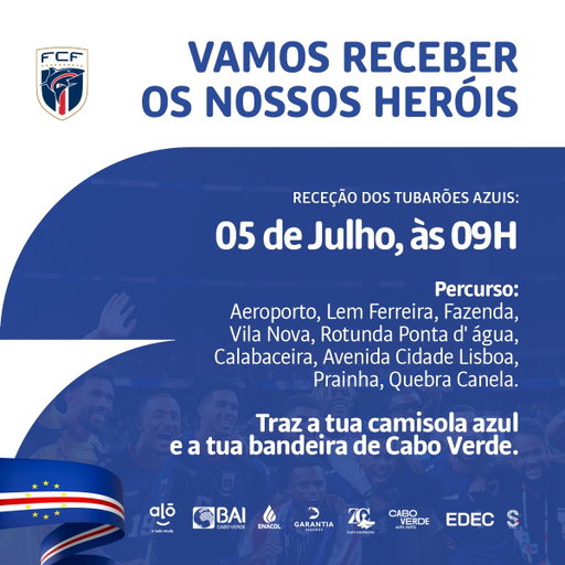 A seleção nacional chega à cidade da Praia neste domingo, 05 de julho, dia da independência de Cabo Verde 

Até já 𝗖𝗮𝗯𝗼 𝗩𝗲𝗿𝗱𝗲 
----- 
#FIFAWorldCup | #FIFAWorldCup2026 | #CaboVerde | #TubarõesAzuis | #WeAreCaboVerde 
