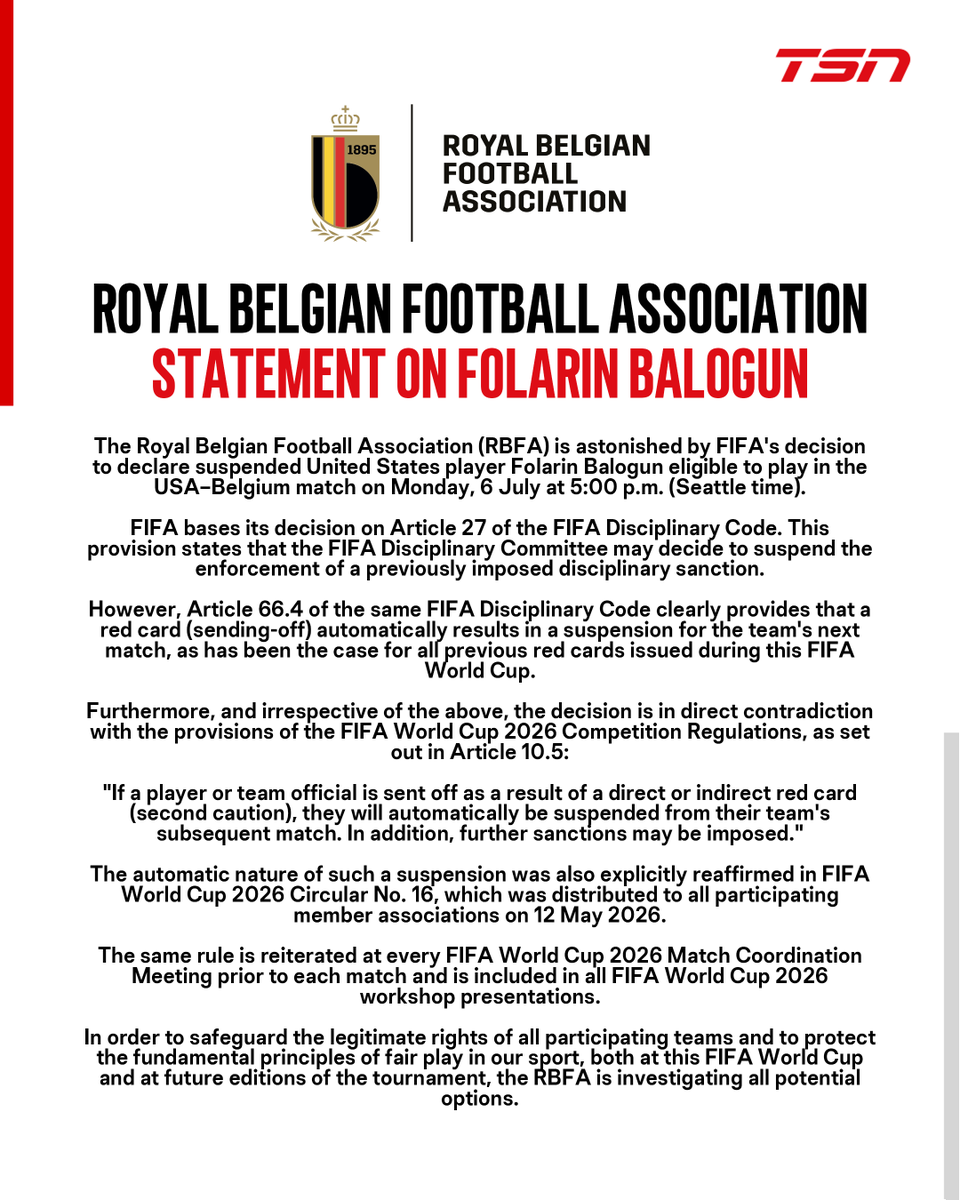 The Royal Belgian Football Association have released a statement following FIFA's decision to allow the USA's Folarin Balogun to play on Monday despite picking up a red card in his team's Round of 32 match against Bosnia and Herzegovina. #FIFAWorldCup 