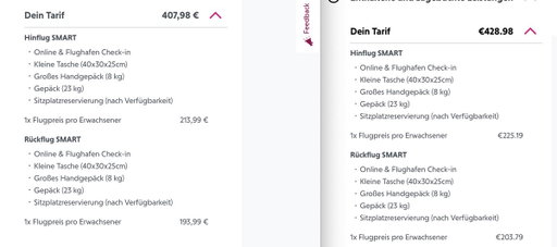Hatte ich schon lange nicht mehr. Selbe Flüge, gleicher Tarif, 21 Euro Unterschied, nur mit einem anderen Browser. 