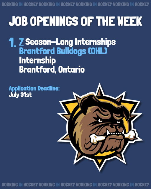 PACKED list of hockey jobs this week in today's FREE weekly email; here's a few of my favourites below 👇

7 Season-Long Internships with the @BulldogsOHL 
Application deadline is July 31st

https://chl.ca/ohl-bulldogs/opportunities/ 
