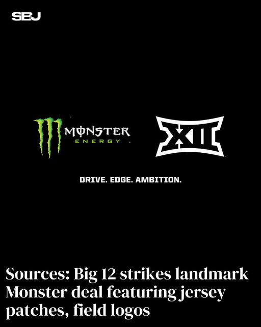 The @Big12Conference has finalized a multiyear deal with @MonsterEnergy worth around $20 million annually 🤝

The agreement includes a co-branded jersey patch, field and court logos, and is expected to provide member schools around $1 million annually.

Via @bportnoy15 | https://ow.ly/m2CI50Zl4gC