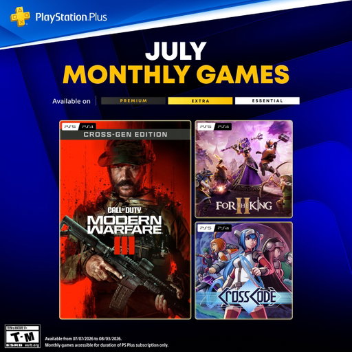 The PlayStation Plus Monthly Games for July are available today:
 
⚬ Call of Duty: Modern Warfare III
⚬ For the King II
⚬ CrossCode

Full details: http://play.st/3SPJjvl 