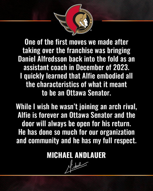 A statement from Michael Andlauer on Daniel Alfredsson joining the Toronto coaching staff. 